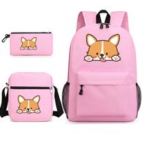 Temu Cartoon Corgi Animal Pattern Printed Backpack Shoulder Pencil Case Three-Piece Student School Bag
