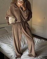 Cross-border foreign trade new European and American casual women's suit solid color long-sleeved zipper cardigan jacket sweatpants two-piece set S