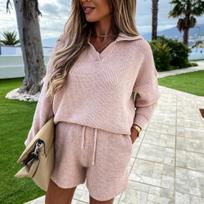 2026 Cross-border hot-selling independent station eBay new, European and American women's fashion British solid color sweater shorts set S