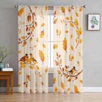 Rudens lapų žvirblis zylė Miegamojo skaidrios permatomos užuolaidos šventinės dekoracijos langas Voile tiulio užuolaidos 135W x 114H(cm)