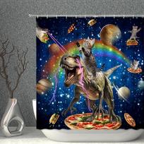 Funny Dinosaur Cat Bath Curtain with Pizza, Rainbow & Planets Design - Washable Polyester Shower Curtain with Hooks (as the picture,48x72inch 120x180cm)