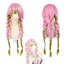 Kanroji Mitsuri Demonų žudikas Rožinė-Žalia Cosplay perukas su kepure ir dideliu kasu pink