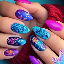 Colorful Flower Nail Art Stickers - Almond Shape, 24 High-End Wearable Pieces violetinė