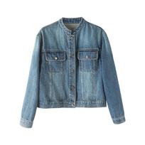 Women's Round Neck Long Sleeve Denim Jacket Loose Fit Vintage Casual Cropped Shacket S