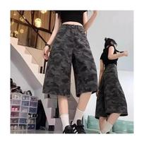 Women's High Waist Camo Print Wide Leg Capri Jeans American Street Loose Straight Cargo Seven Denim Shorts Summer Casual Pants S