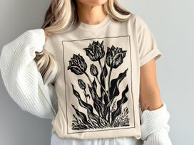 Black and White Linocut Tulip T-Shirt, Botanical Floral Art Print, Vintage Nature Lover Graphic Tee, Unique Flower Design Gift Idea S