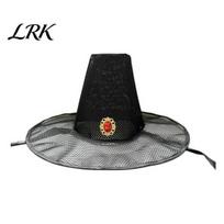 Comfortable Stage Hat Vintage Korean Gat Hat, Black Mesh Wide Brim Joseon Dynasty Soft Fabric Scholar with Neck Strap, Halloween Cosplay Costume
