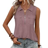 Women's Sleeveless V-Neck Zip Front Color Vest Top Casual Blouse L