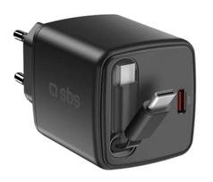 Sbs 30w usb-c gan wall charger with retractable cable black