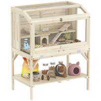 Hamster Cage, 2 Levels, Small Animal Cage with Storage Compartment, Accessories, 84 x 53 x 110 cm, Natural Wood 84 x 53 x 110 cm