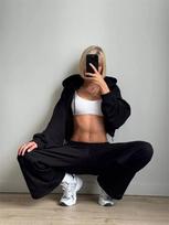 2026 Amazon cross-border European and American fashion women's clothing solid color long-sleeved cardigan drawstring hooded sweater trousers two-piece S