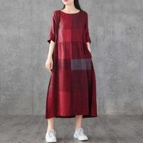 Moteriškos medvilninės lininės suknelės Vintažinės languotos pusės rankovių „Midi Vestidos“ Laisvalaikio, ilgo kaklo saulės suknelės, šventiniai kišeniniai chalatai XXXXL raudona