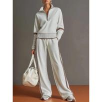 Women's Half Zip Stand Collar 2 Piece Tracksuit Color Block Sweater and Wide Leg Pants Set S