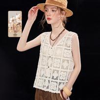 Cotton Blend Hollow Crochet V-Neck Vest Cover-Up L