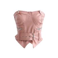 Women's Strapless Zip Up Tube Top Slim Fit Belted Leather Bustier Corset Top S