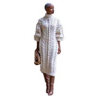 Women's Turtleneck Three Quarter Sleeve Slim Fit Cable Knit Split Hem Maxi Dress Casual Autumn Sweater Dress S