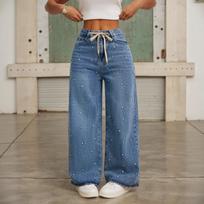 Women's High Waist Wide Leg Jeans Loose Fit Street Trendy Bead Decor Straight Denim Pants XS