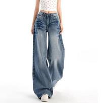 Women's High Waist Wide Leg Denim Pants Baggy Straight Trousers Rivet Metallic Accent Vintage Non-Stretch American Streetwear Fall Casual Long Bottoms S