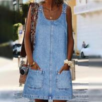 Women's U Neck Sleeveless Denim Mini Dress Loose Fit Mid Rise Business Casual Solid Color A-Line Summer Sundress S šviesiai mėlyna spalva