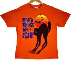Vintage 90s Halloween Black Cat Dont Cross My Path Orange T Shirt Size Large Tee Unisex T-Shirt XXL