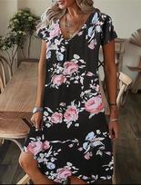 Amazon cross-border foreign trade summer large size women's clothing V-neck loose pullover casual fashion printed short-sleeved dress XL