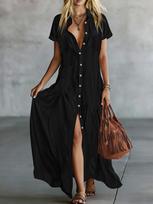 Amazon cross-border foreign trade summer simple solid color shirt skirt elegant temperament lapel diagonal cut ruffle edge dress 1XL