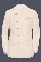 Spanish Cream Solid Wool Blend Cross Placket Bandhgala Blazer 46