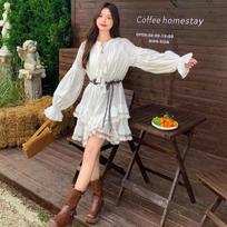 Bohemian White Fairy-Inspired Dress: Irregular Short Skirt with Fringe, Long Sleeves, and Waist-Cinching Design. Large