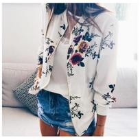 women's Floral Print Stand Collar Zip Up Long Sleeve Casual Bomber Jacket Oversized Outerwear Coat S