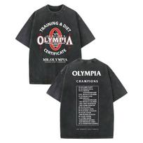 Vintage Olympia Gym Fitness Double Sided Print WashedTshirt Fashion Casual Short Sleeve Tee Shirt Harajuku Cotton Oversized Top S