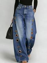 Women's High Waist Wide Leg Jeans Loose Fit Vintage Eyelet Hole Denim Pants Elegant Casual Trousers S mėlyna