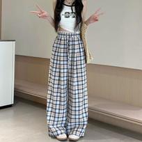 Women's High Waist Plaid Wide Leg Pants Loose Spring Summer Polyester Cotton Ruffle Embroidered Vintage Casual Long Trousers S