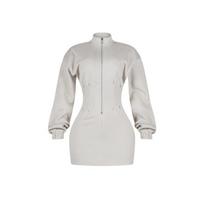 Women's Stand Collar Full Zip Long Sleeve Mini Dress High Waist Bodycon Club Streetwear Dress S