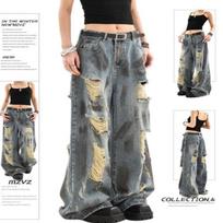 Women's High Waist Ripped Wide Leg Jeans Vintage Dirty Paint Distressed Baggy Denim Trousers Plus Size American Street Floor Length Pants XS