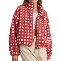 Women's Plaid Fleece Zip Up Jacket Stand Collar Loose Long Sleeve Sherpa Coat Winter Warm Checkered Teddy Outerwear S