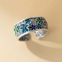 925 Silver Rings For Women Geometric Fine Jewelry Finger Adjustable Simple Green Flower Ring For Party Birthday Gift resizable