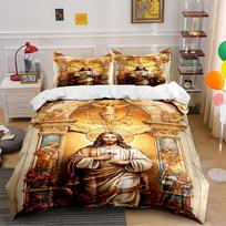 Religious Jesus Print Golden Bedding Set Bedding set (1 duvet cover, 2 pillowcases, duvet not included) 135x200cm