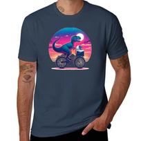 RETRO VINTAGE SUNSET SUNRISE TREX DINOSAUR ON BIKE, Dinosaur Riding A Bike With Baby T-Rex T-Shirt Simple Line Art Print Tee S