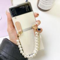 Elegantiškas Chic Pearls apyrankės telefono dėklas, skirtas Samsung Galaxy Z Flip 3 5g skaidrus apsauginis dangtelis su auksine grandinėle Crossbody karoliai For Samsung Z Flip