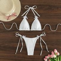 2025 New Summer Swimwear Bikini Set Sexy Laced Up Backless Bikini 2 Piece Set Women Solid Split Waist Beach Vacation Bikini S