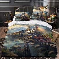 3D Steam Locomotive Train Duvet Cover Set with Pillowcases, 2/3 Piece Polyester Bedding Set No Duvet Insert - Digital Print EU Single 135x200cm