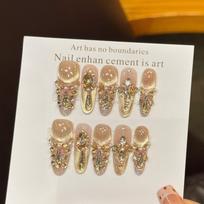 Long Almond Glitter Press on Nails Gel Glue on Nail Full Cover Stick on Nails Reusable Fake Nails With Rhinestones Acrylic False Nails for Women XS