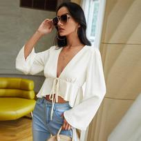 Women's Sexy Strappy Cardigan T-shirt Short V-neck Loose Long-sleeved Top S