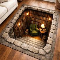 2D Illusion Bookshelf Stairs Area Rug Library Hole Floor Mat for Living Room Bedroom Anti-Slip Carpet for Book Lover Home Decor 40X60CM
