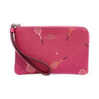 COACH Corner Zip 16 solid color racket print zipper leather wrist bag clutch small size women's rose pink