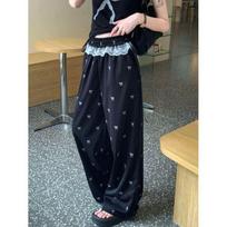 Women's High Waist Wide Leg Pants Loose Straight Trousers Bow Lace Patchwork Summer Lazy Daily Walking Casual Bottoms S