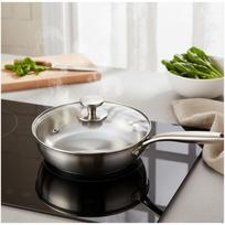 Flat Bottom Frying Pan Stainless Steel Culinary Grade Nonstick Skillet for Home 24CM Silver W Glass Lid