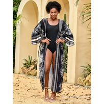 Plus Size Women's New Beach Print Cardigan Bikini Sunblock Swimsuit with Cover Up One Size