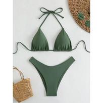 Olive Green Triangle Bikini Set Halter High Cut Cheeky Two Piece Swimsuit M