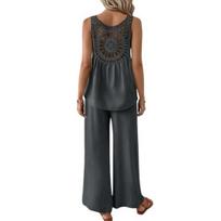 Women Summer 2 Piece Outfits Sleeveless Hollow Back Tank Top And Wide Leg Pants Set Boho Beach Vacation Lounge Set M